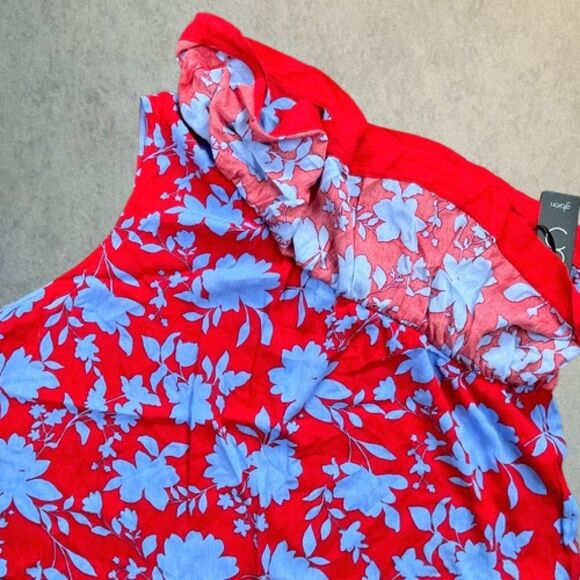 Gibson Womens Blouse Size 1X Red Floral One Shoulder Slim Ruffle Peplum Top NEW! - Picture 4 of 12